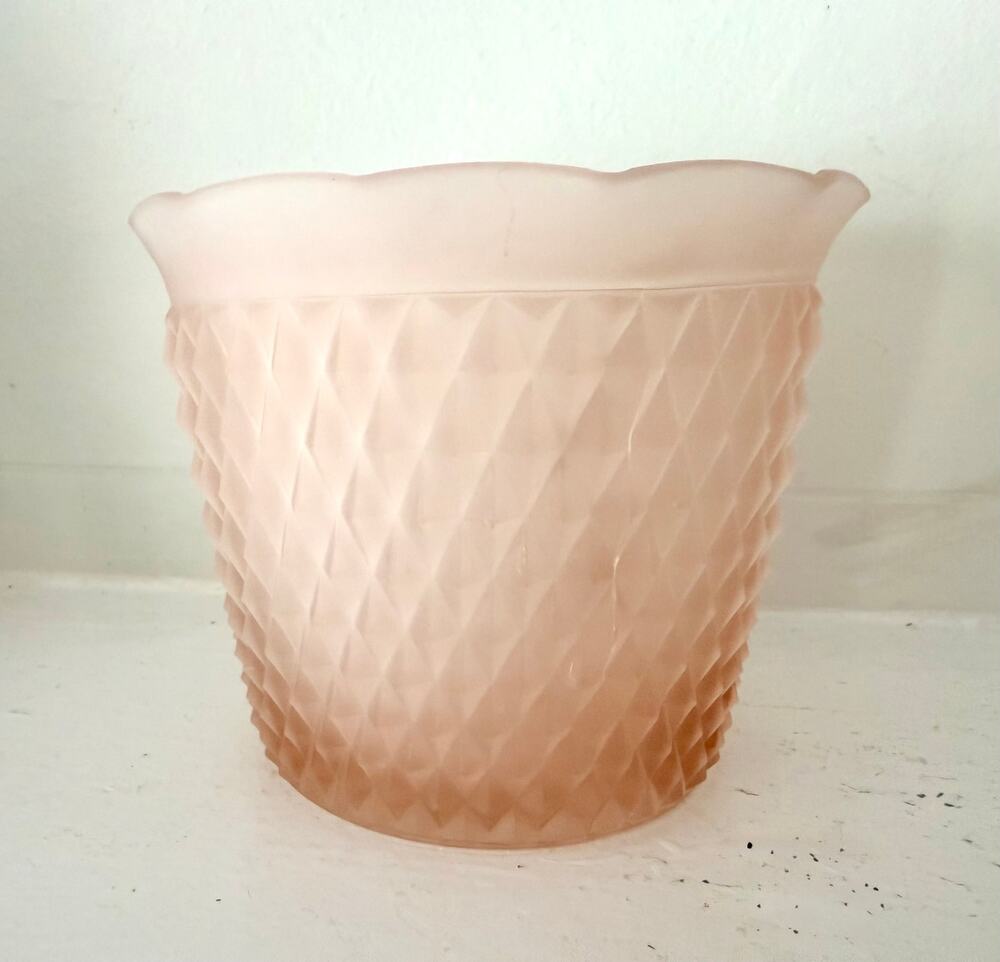 Indiana Glass Pink Satin Diamond Point Jardiniere Planter Frosted Vase Vintage